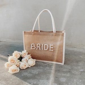 Bride Pearl Embellished Burlap Tote Bag